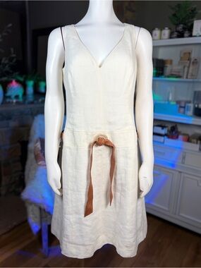 Valentino Cream Linen Sleeveless Drop Waist Dress w/ Resin Loops & Belt, Sz 12